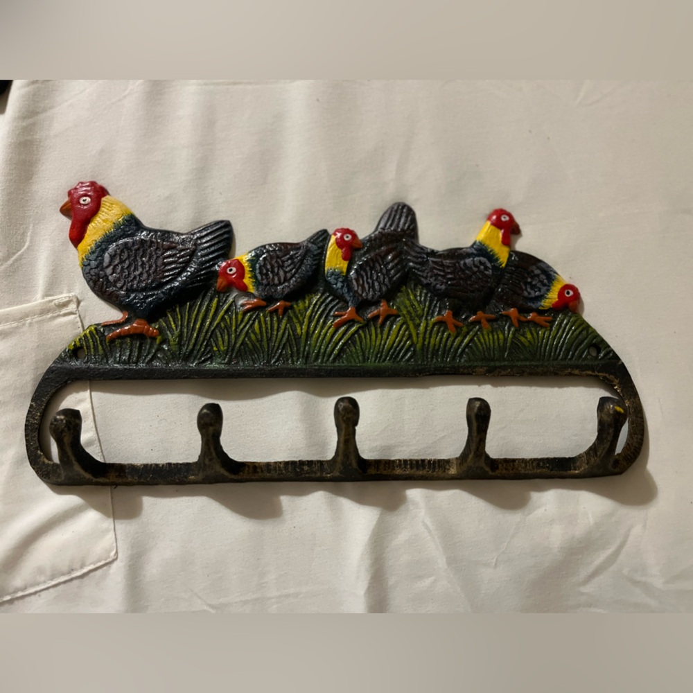 Cast Iron‎ Painted Rooster/Chickens 10.5in Wall Hooks